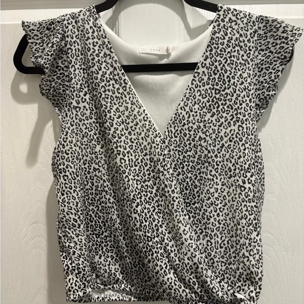 Lush Black and White Animal Print Wrap Blouse